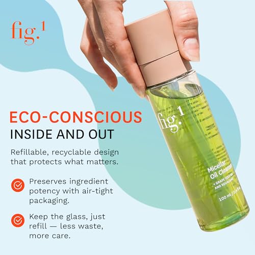Fig.1 Micellar Oil Cleanser for Face - Makeup Remover Cleansing oil, Facial Cleanser - Squalane & Grapeseed Oil Formula, Cleanse without Clogging Pores, Acne-Prone Facial Skincare, Refillable 3.4 Oz