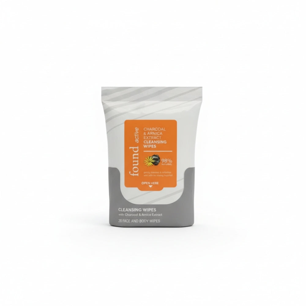 Found Active by Kate Upton  Charcoal & Arnica Extract Cleansing Wipes  Gently