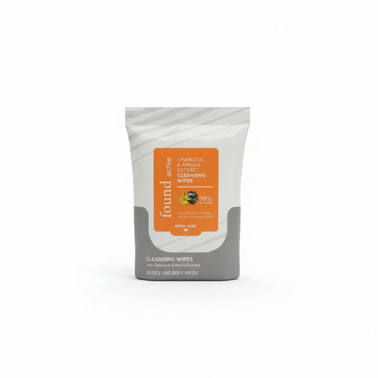 Found Active by Kate Upton  Charcoal & Arnica Extract Cleansing Wipes  Gently