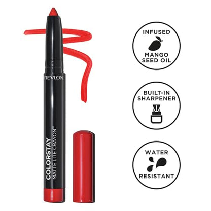 REVLON ColorStay Matte Lite Crayon Lipstick with Built-in Sharpener, Smudge-proof, Water-Resistant Non-Drying Lipcolor, 009 Ruffled Feathers, 0.049 oz