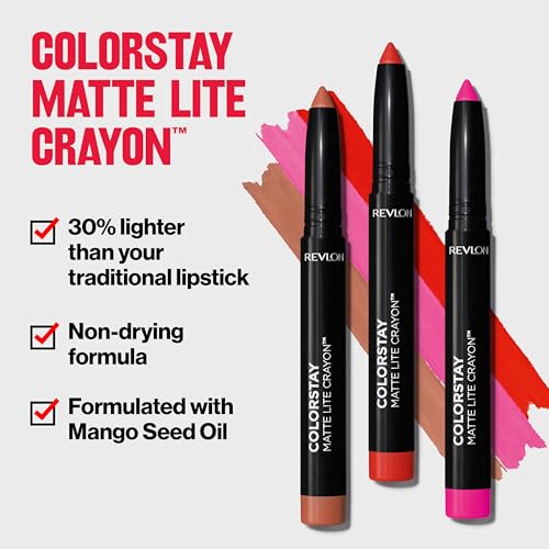 REVLON ColorStay Matte Lite Crayon Lipstick with Built-in Sharpener, Smudge-proof, Water-Resistant Non-Drying Lipcolor, 005 Sky High, 0.049 oz