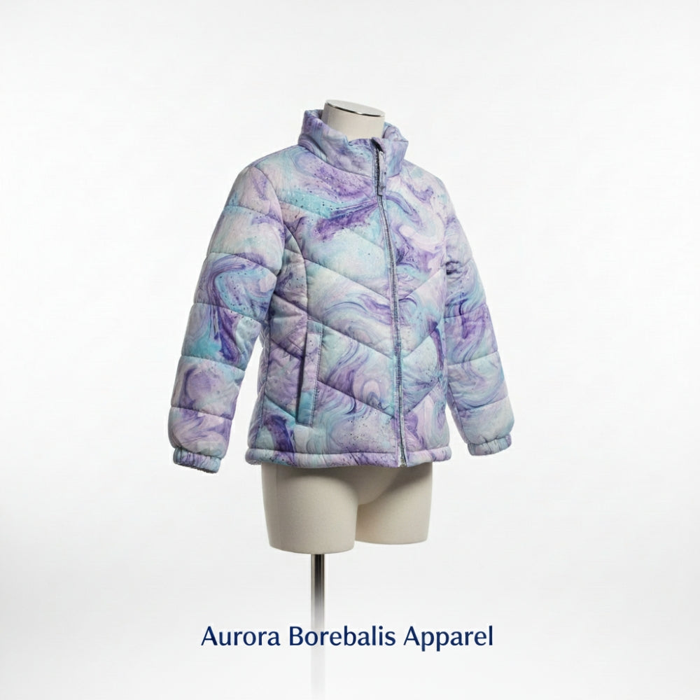 ZeroXposur Girls Size 10/12 Quilted Puffer Jacket Purple Blue Marble Swirl NWOT