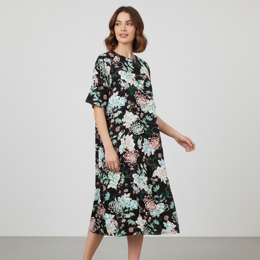 Miss Elaine Essentials Women's Plus 2X Black Floral Zip Front Lounger Dress NWT