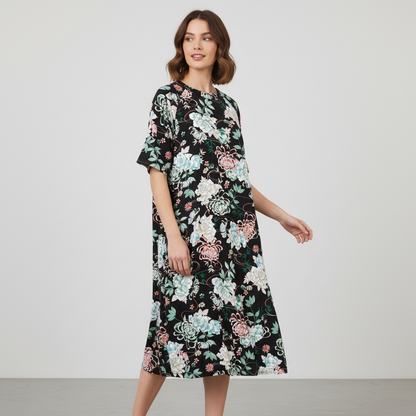 Miss Elaine Essentials Women's Plus 1X Black Floral Zip Front Lounger Dress NWT