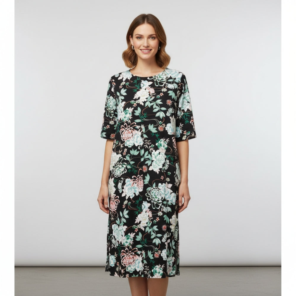 Miss Elaine Essentials Women's Plus 1X Black Floral Zip Front Lounger Dress NWT