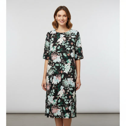 Miss Elaine Essentials Women's Plus 1X Black Floral Zip Front Lounger Dress NWT