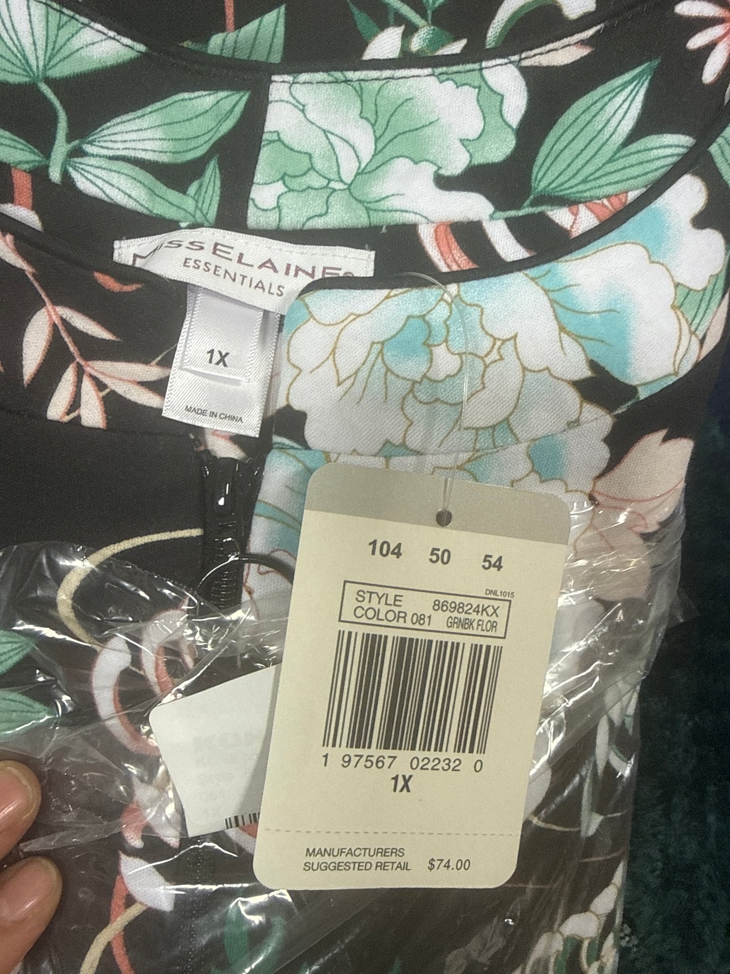 Miss Elaine Essentials Women's Plus 1X Black Floral Zip Front Lounger Dress NWT