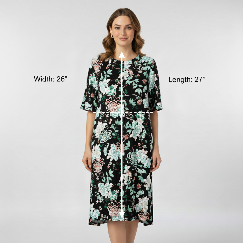 Miss Elaine Essentials Women's Plus 2X Black Floral Zip Front Lounger Dress NWT