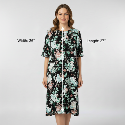 Miss Elaine Essentials Women's Plus 2X Black Floral Zip Front Lounger Dress NWT