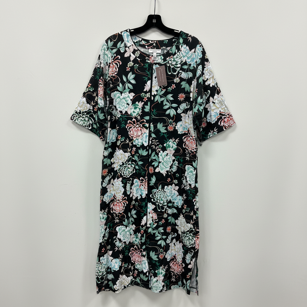 Miss Elaine Essentials Women's Plus 1X Black Floral Zip Front Lounger Dress NWT