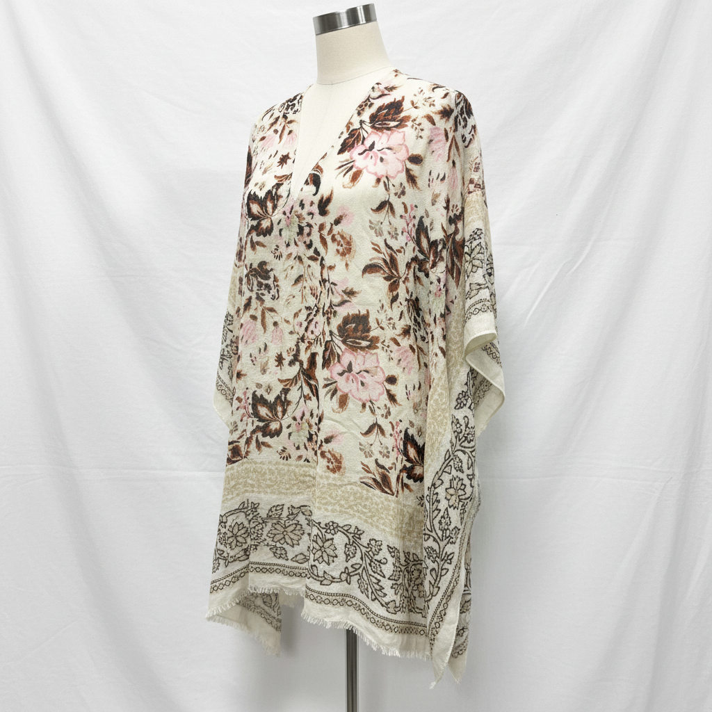 Nine West Women's Floral Kimono Wrap Open Front Ruana Boho Cream Pink NWOT