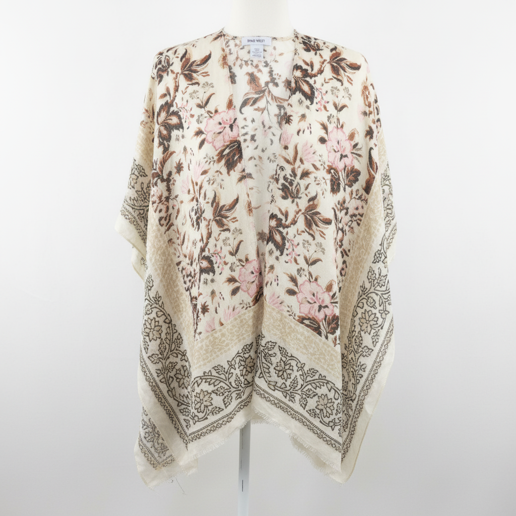 Nine West Women's Floral Kimono Wrap Open Front Ruana Boho Cream Pink NWOT