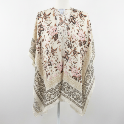 Nine West Women's Floral Kimono Wrap Open Front Ruana Boho Cream Pink NWOT