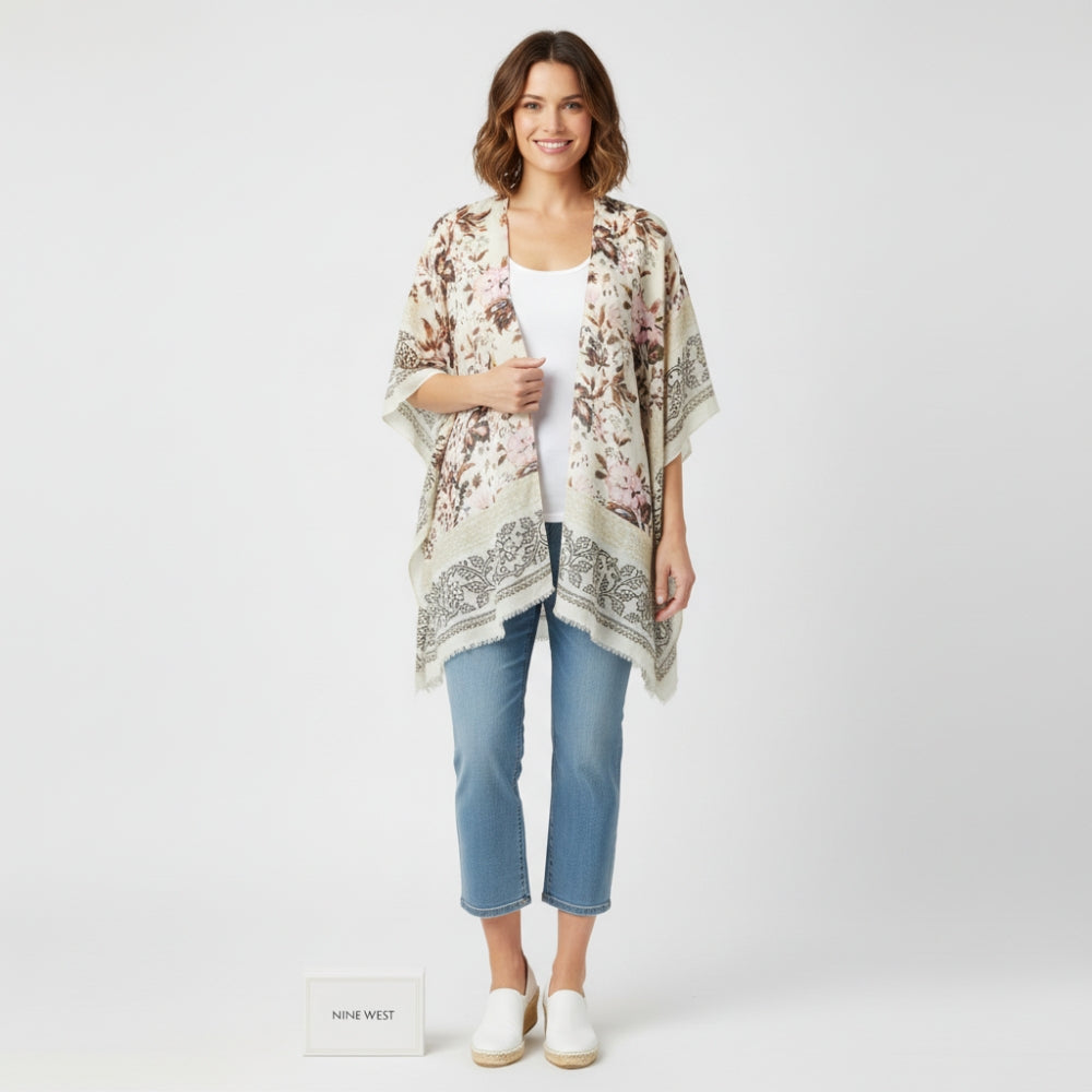 Nine West Women's Floral Kimono Wrap Open Front Ruana Boho Cream Pink NWOT
