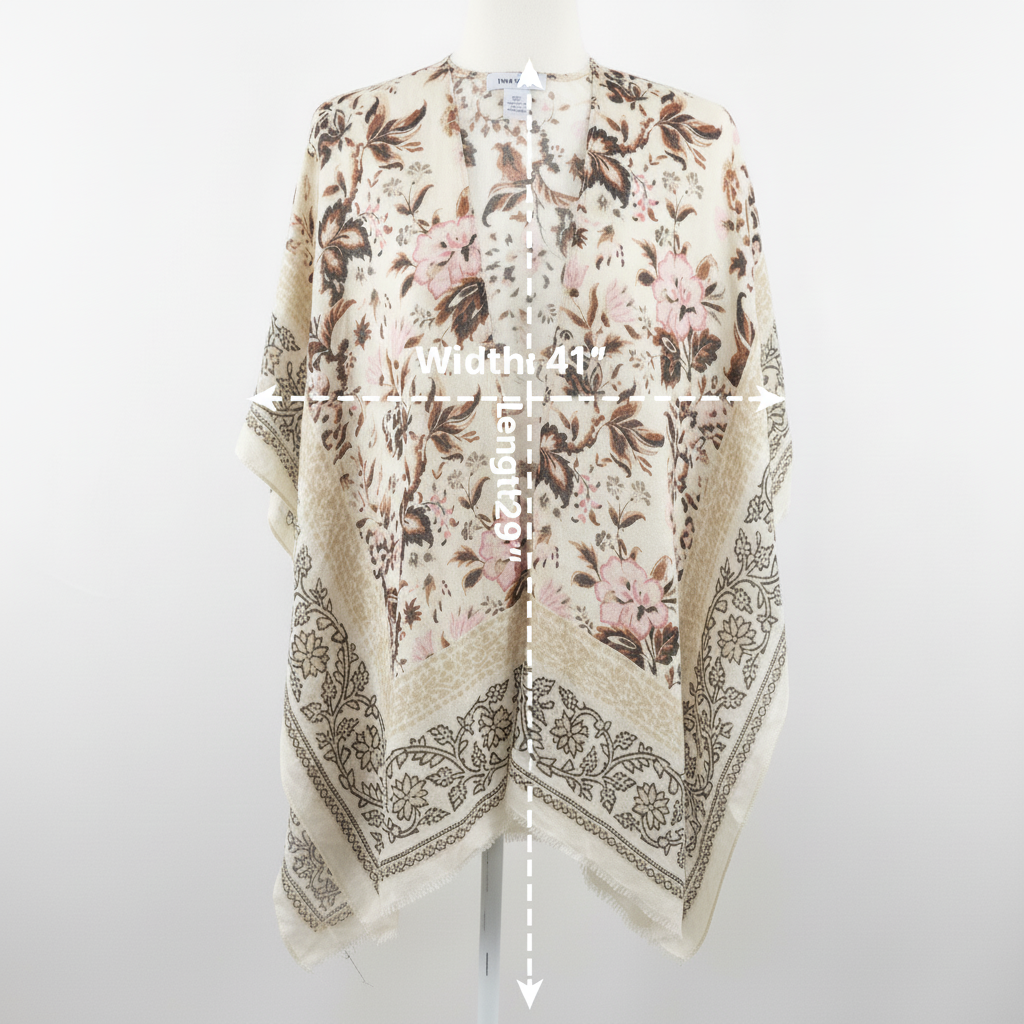 Nine West Women's Floral Kimono Wrap Open Front Ruana Boho Cream Pink NWOT