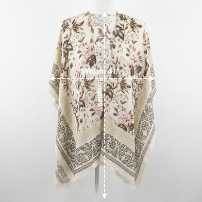 Nine West Women's Floral Kimono Wrap Open Front Ruana Boho Cream Pink NWOT