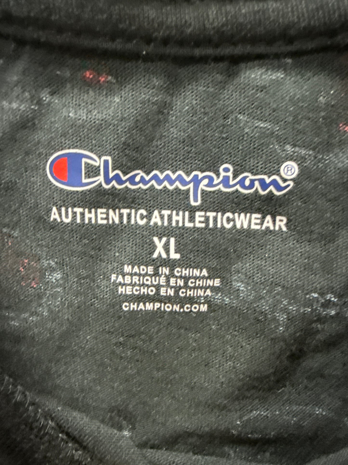 Champion All Over Print Logo T-Shirt Black XL Short Sleeve Script Graphic Tee NWOT