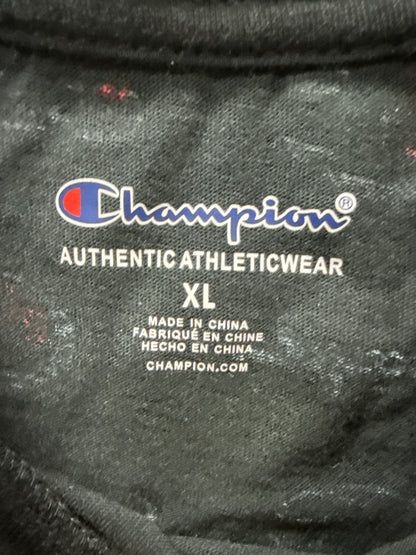 Champion All Over Print Logo T-Shirt Black XL Short Sleeve Script Graphic Tee NWOT