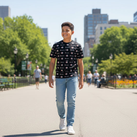 Champion All Over Print Logo T-Shirt Black XL Short Sleeve Script Graphic Tee NWOT