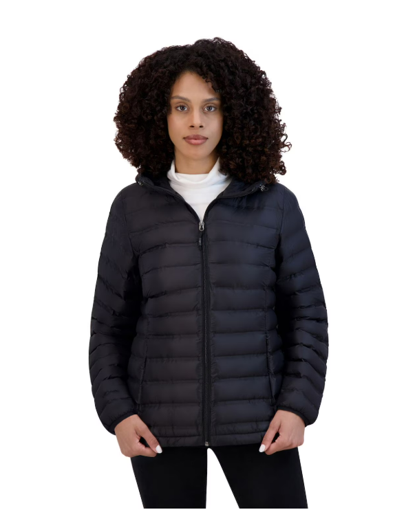 ZeroXposur Women's Brianna Packable Puffer Jacket Black Large Hooded Lightweight