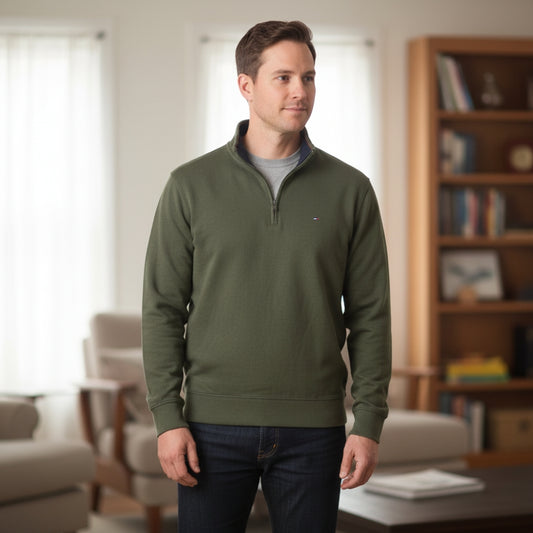 Tommy Hilfiger Mens Large 1/4 Zip Pullover Sweatshirt Olive Green NWOT Mock Neck