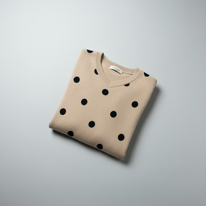 Catherine Malandrino Women's 2X Tan Black Polka Dot V-Neck Viscose Blend Sweater