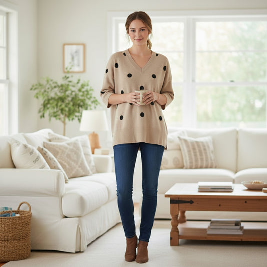 Catherine Malandrino Women's 2X Tan Black Polka Dot V-Neck Viscose Blend Sweater