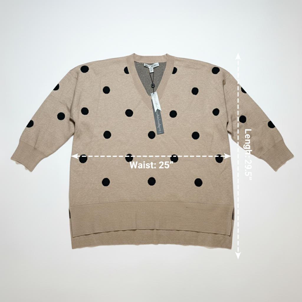 Catherine Malandrino Women's 2X Tan Black Polka Dot V-Neck Viscose Blend Sweater