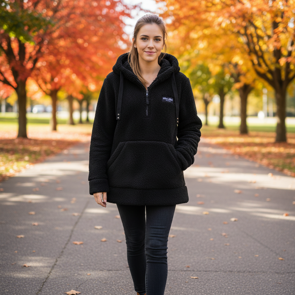 White Mark Women's Large Black Sherpa Fleece Half-Zip Hoodie Jacket Cozy L 22x26 NWOT