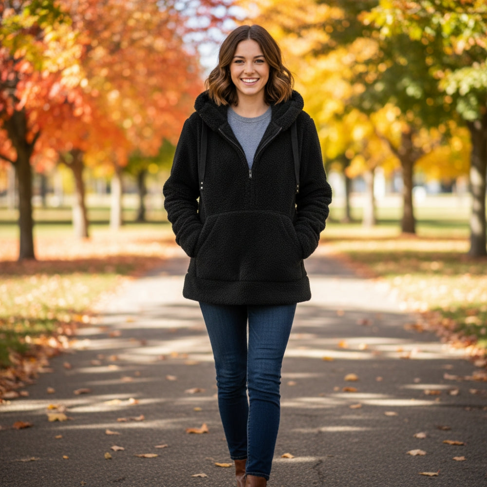 White Mark Women's Large Black Sherpa Fleece Half-Zip Hoodie Jacket Cozy L 22x26 NWOT