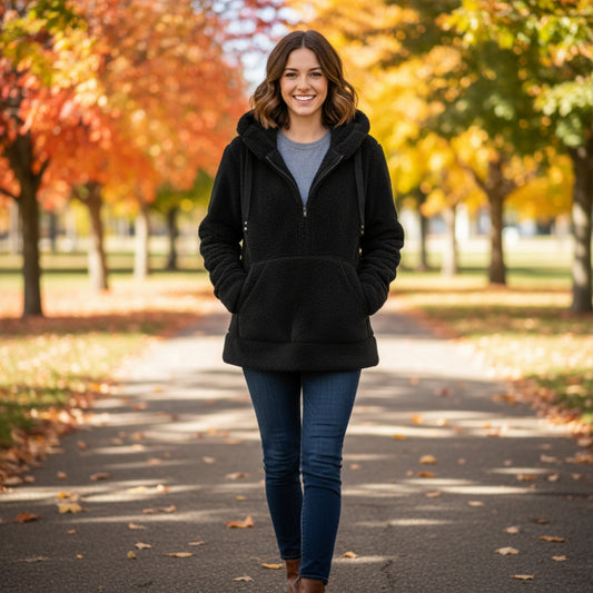 White Mark Women's Large Black Sherpa Fleece Half-Zip Hoodie Jacket Cozy L 22x26 NWOT