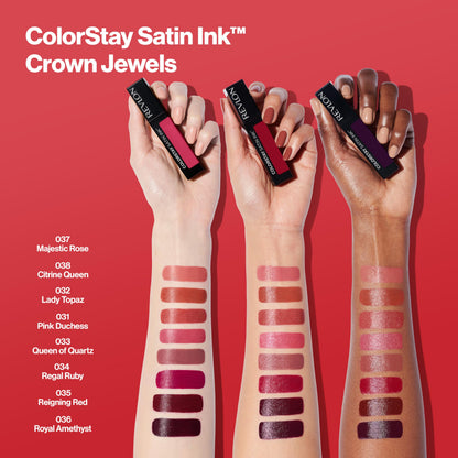 REVLON ColorStay Satin Ink Crown Jewels Liquid Lipstick, Longlasting & Waterproof Lipcolor, Moisturizing Creamy Formula Infused with Black Currant Seed Oil, 034 Regal Ruby, 0.17 fl oz.