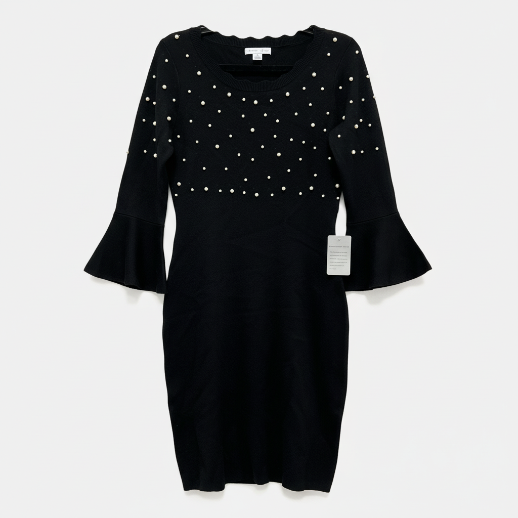 London Times Black Pearl Embellished Bell Sleeve Sweater Dress Size M Ribbed Knit