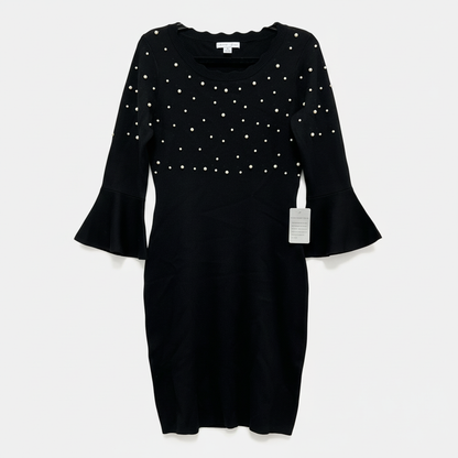 London Times Black Pearl Embellished Bell Sleeve Sweater Dress Size M Ribbed Knit