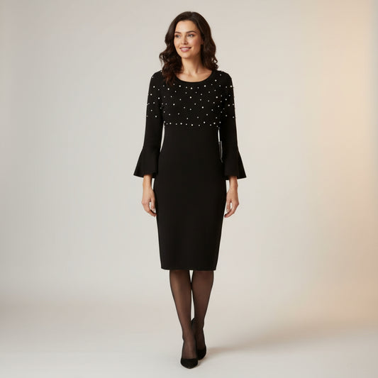 London Times Black Pearl Embellished Bell Sleeve Sweater Dress Size M Ribbed Knit