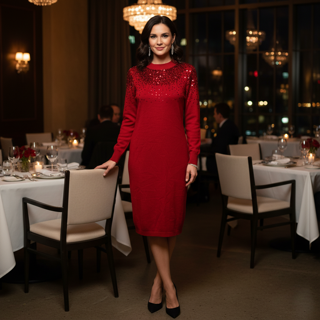 Nina Leonard Red Sequin Shoulder Knit Sweater Dress Women's Size M NWT