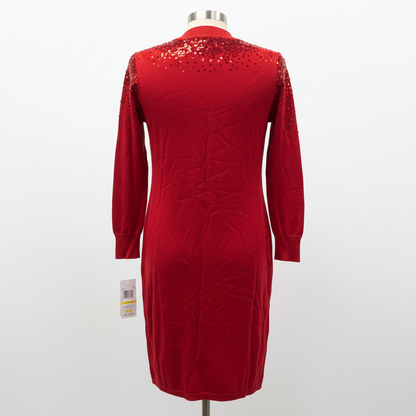 Nina Leonard Red Sequin Shoulder Knit Sweater Dress Women's Size M NWT