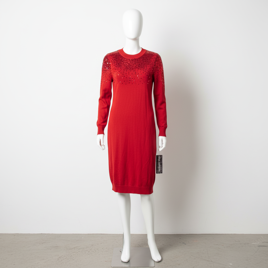 Nina Leonard Red Sequin Shoulder Knit Sweater Dress Women's Size M NWT