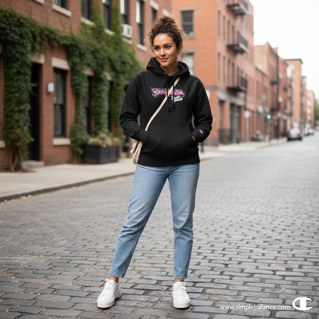 Champion Simple Balance Black Oversized Hoodie Unisex Size M Floral Graphic