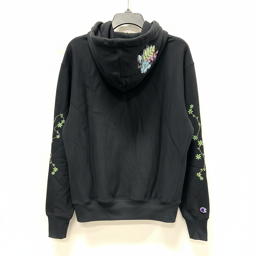 Champion Simple Balance Black Oversized Hoodie Unisex Size M Floral Graphic