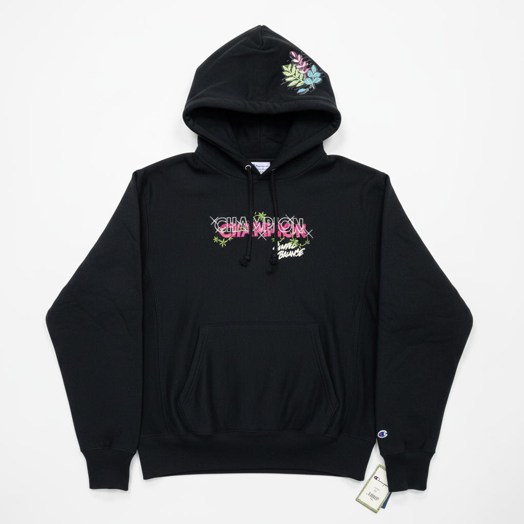 Champion Simple Balance Black Oversized Hoodie Unisex Size M Floral Graphic