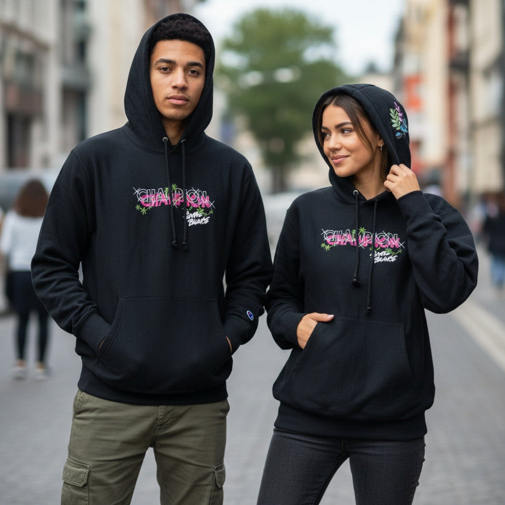 Champion Simple Balance Black Oversized Hoodie Unisex Size M Floral Graphic