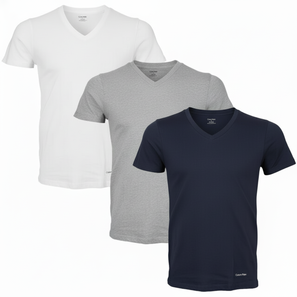 Calvin Klein Men's 3 Pack V-Neck T-Shirts White Navy Grey M Classic Fit Cotton