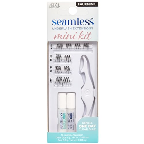 Ardell Seamless Underlash Extensions Fauxmink Mini Kit, 10 Lashes, 1 Day Clear Glue, Seal, Applicator, Perfect for On-The-Go Lash Customization, 1-Pack