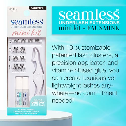 Ardell Seamless Underlash Extensions Fauxmink Mini Kit, 10 Lashes, 1 Day Clear Glue, Seal, Applicator, Perfect for On-The-Go Lash Customization, 1-Pack
