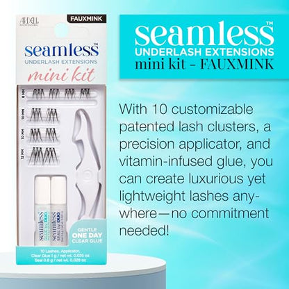 Ardell Seamless Underlash Extensions Fauxmink Mini Kit, 10 Lashes, 1 Day Clear Glue, Seal, Applicator, Perfect for On-The-Go Lash Customization, 1-Pack
