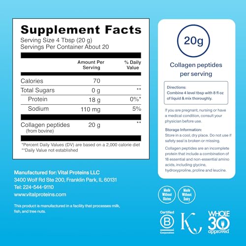 Vital Proteins Collagen Peptides Powder - Grass Fed Collagen Peptides for Hair, Nail, Skin, Bone & Joint Health, Unflavored, 14.3oz | 2 Pack