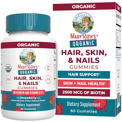 MaryRuth's Hair Skin and Nail Vitamins | USDA Organic | 2500 mcg Biotin Gummies with Vitamin C & Vitamin E | Hair Growth Vitamins | Skin Care | Nail Growth | Ages 14+ | 60 Count | 3 Pack