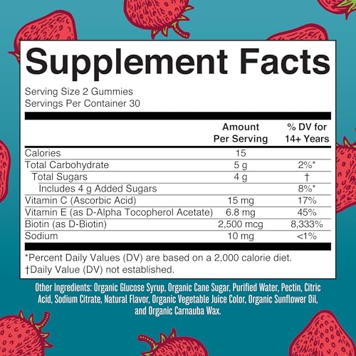MaryRuth's Hair Skin and Nail Vitamins | USDA Organic | 2500 mcg Biotin Gummies with Vitamin C & Vitamin E | Hair Growth Vitamins | Skin Care | Nail Growth | Ages 14+ | 60 Count | 3 Pack