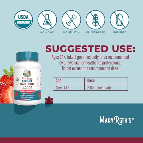 MaryRuth's Hair Skin and Nail Vitamins | USDA Organic | 2500 mcg Biotin Gummies with Vitamin C & Vitamin E | Hair Growth Vitamins | Skin Care | Nail Growth | Ages 14+ | 60 Count | 3 Pack